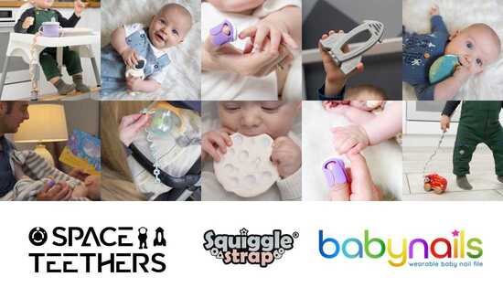Space themed natural rubber teething toys, squiggle strap toy strap and baby nails wearable baby nail file.