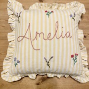 Yellow striped ruffle children’s cushion hand embroidered personalised design custom bespoke children’s gift new baby item 