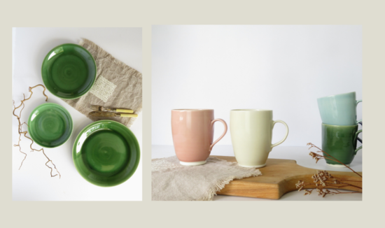Set of three green plates, A group of mugs, in pink, white pale blue and green. 