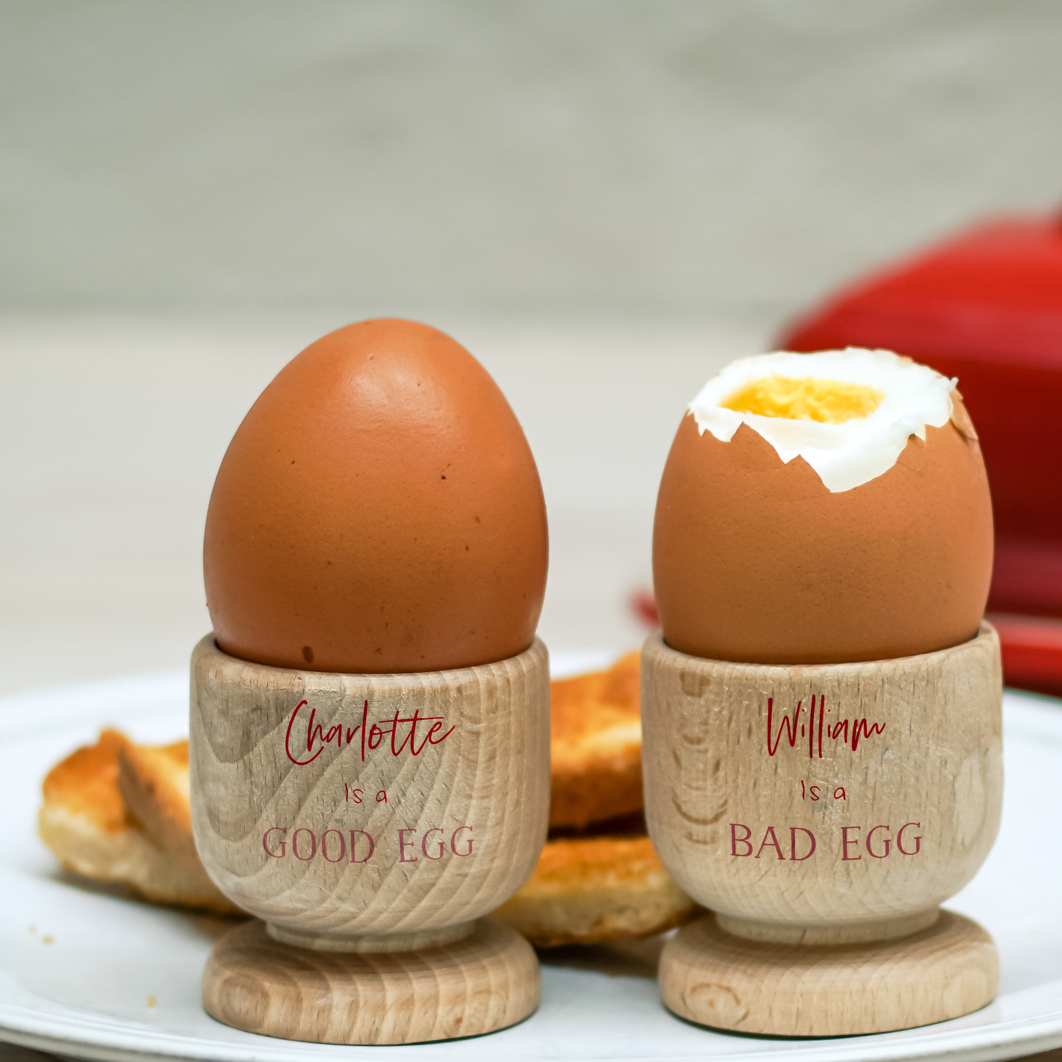 Personalised Good/Bad Egg Wooden Egg Cups