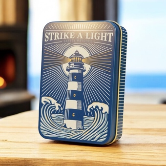 match tin with a lighthouse on