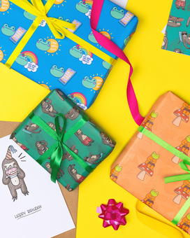 Colourful illustrated cards and wrapping paper