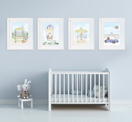 Four of our iconic personalised artworks framed in a kid's room