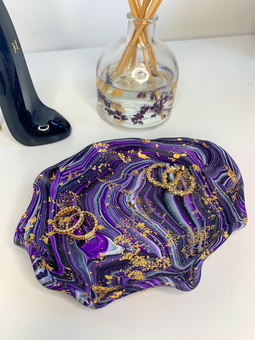 purple jewellery tray with black marble and gold leaf accents 
