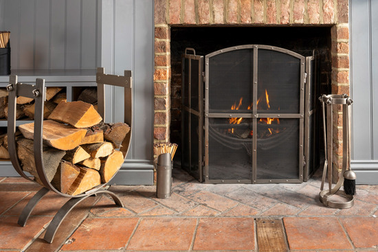 Open Fireplace with Log Holder and Fire Set