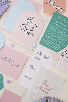 Modern wedding stationery invitation suite inspired by palm springs with a pastel colour scheme