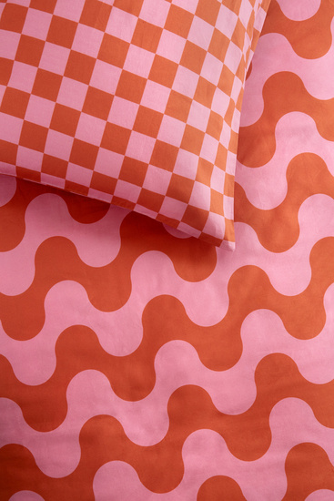 Dragstrip Disco Duvet Cover an checkerboard pillowcases in pink and orange organic cotton