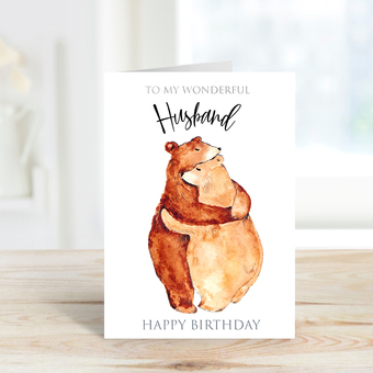 Birthday Card for Husband, two bears having a cuddle simple, timeless and heartfelt.