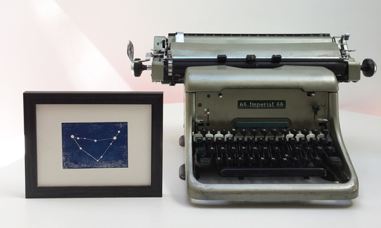 Simoons Studio Imperial 66 Typewriter with framed Capricorn constellation woodblock print