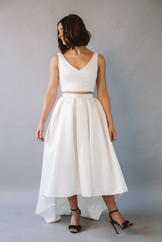 Stylish bridal separates, Guipure Lace long sleeve bridal top & elegant fitted bridal skirt. Affordable bridal separates.