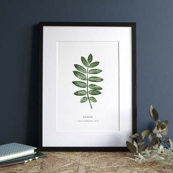 personalised Rowan leaf print in white mount and black frame.