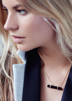 The URBAN BAR NECKLACE features a cool Black Onyx baguette that has been hand-cut to our design specifications and set in 18ct Yellow Gold on Sterling Silver. 