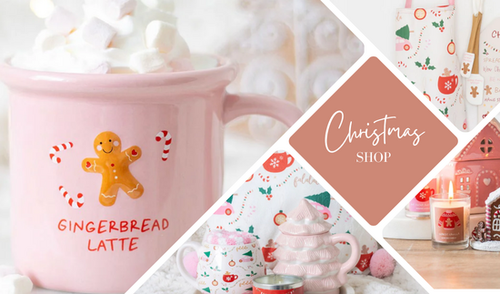 Christmas banner with 4 festive pink photos, featuring gingerbread men, Christmas trees and Christmas homeware