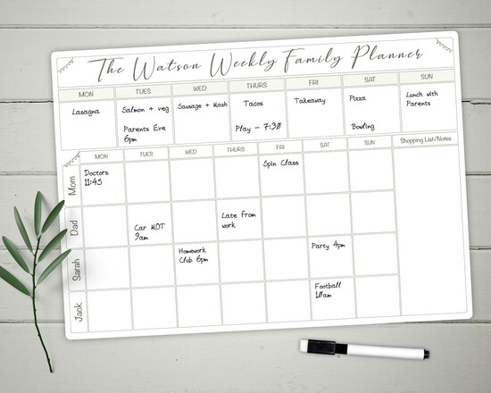 A rectangular whiteboard with grey writing. Contains a meal planner section running along the top and a further grid lower down with 7 columns