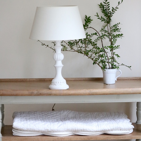 White wooden lamp with linen shade