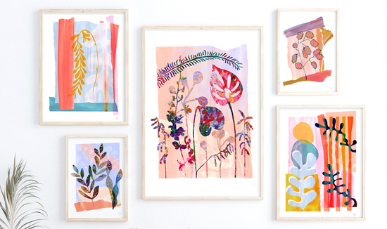 A gallery wall of colourful Botanical Abstract Art Prints