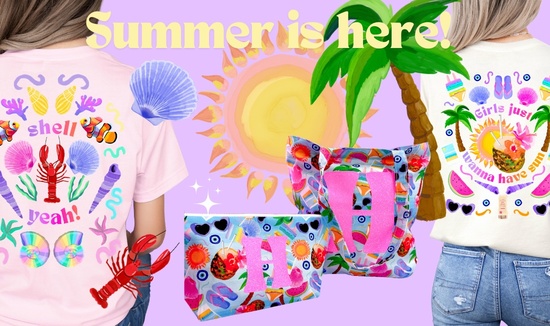 Brightly coloured t-shirt featuring summery design with shells and sea theme. Customisable cotton tote bags with vibrant illustrations of seaside. 
