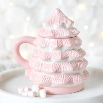 pink and white christmas tree mug with marshmallows