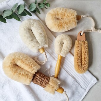 Natural dry body brushes, sisal fibre, sustainable and ethically handmade, ELYTRUM brand, UK