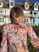 Founder of The Fruit Moth Nicole wearing her Ophelia blouse in Liberty Elysia Meadow